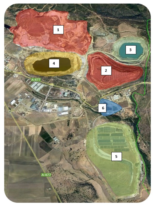 Figura 1. Pasivos ambientales heredados por Minera Los Frailes: 1. Escombrera Noroeste; 2. Escombrera Este; 3. Corta Los Frailes; 4. Corta Aznalcóllar; 5. Antigua presa de tailings restaurada; 6. Balsas de escorrentía. 